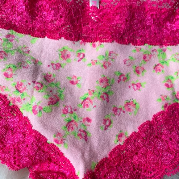 NWOT PINK Victoria's Secret X-Low Rise Cheeky Pink Floral Rose Print Lace Trim L - Picture 2 of 8